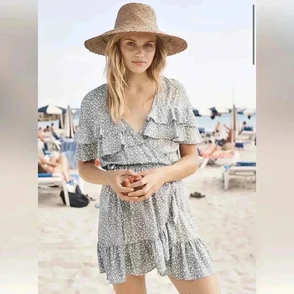 Auguste Edie Cascade Dusty Blue Wrap Mini Dress - Picture 1 of 8
